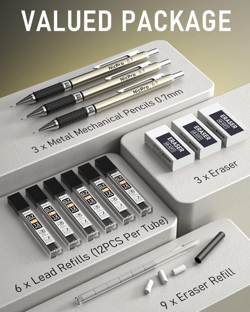 Nicpro 0.7 mm Art Mechanical Pencil Set in Storage Case, 3 PCS Metal Drafting Pencil Lead Pencil with 6 Tube HB Lead Refills, 3 Erasers, 9 PCS Eraser Refills for Artist Writing, Drawing, Sketching by Nicpro