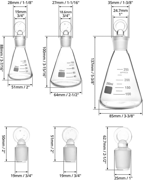 QWORK Glass Erlenmeyer Flask Set, 3 Pack Graduated Borosilicate Glass with Glass Stopper