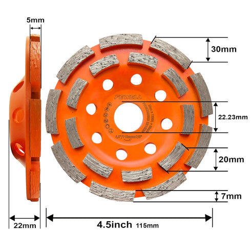FEWELL 4 1/2” Concrete Grinding Wheel, Double Row Diamond Cup Wheel with 7/8” Arbor for Polishing and Grinding Concrete Surface Brick Stone Marble Cement Granite