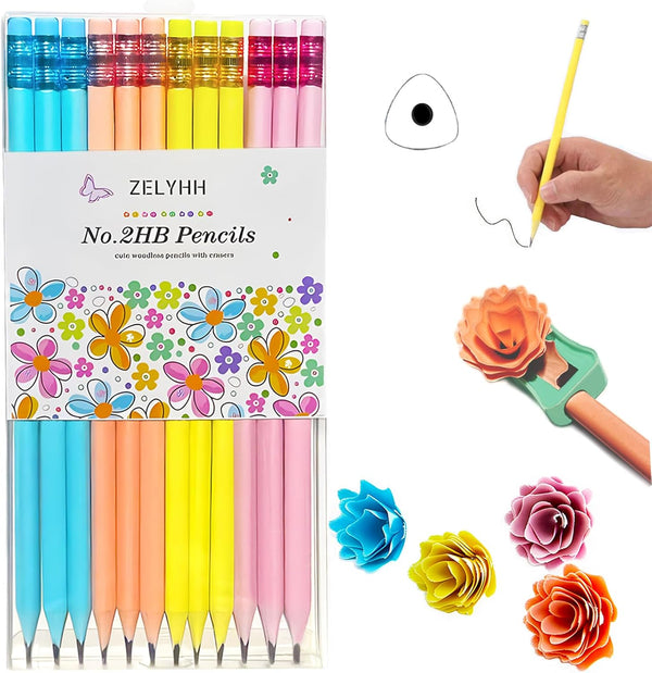 Fun Pencils - Flower Shaped Shavings, Novelty, Cool - Triangular Pencils for Kids, Cute with Erasers, 12 Pack