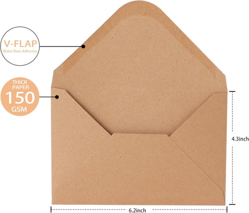 V-flap Kraft Envelopes, 50 Pack, 4 x 6 Inch, A4 Envelopes, Card Envelopes, Brown Envelopes, Kraft Paper Envelopes for Invitations, Postcard Envelopes, Water Base Adhesive, Gummed Flap by Janvale