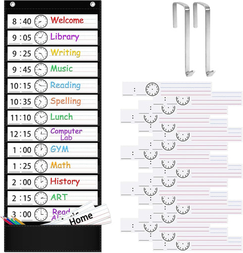 ZKOO Daily Schedule Pocket Chart, School Smart with 18 Blank Double-Sided Reusable Cards, 13+1 Pocket (Black)