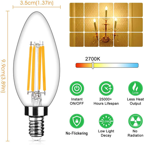 12-Pack Dimmable E12 LED Candelabra Bulbs, 40Watt Equivalent, 2700K Warm White, 450Lumens, 4W B11 Vintage Bulbs