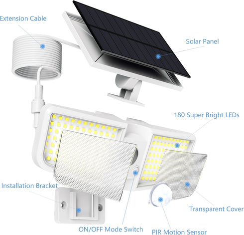 6500K 180 IP65 2-PCS Solar Motion Sensor Outdoor Floodlights with Remote Control, LED Waterproof,Solar Security Outdoor