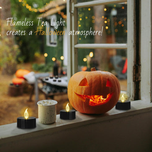 Black Tea Lights Candles Battery Operated, 12 PACK Electric Flameless Votive Candles Long Lasting 200 Hours, LED Flickering Tealight Candle for Halloween Holiday Party Home Decoration (Warm White) by Tappovaly