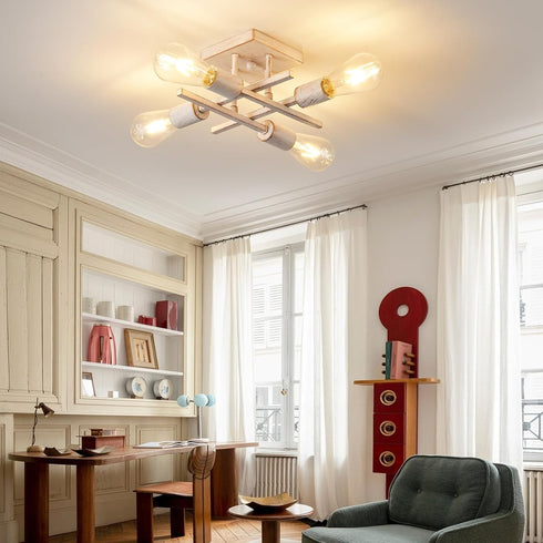 4-Light E26 Industrial Semi Flush Mount Ceiling Light Fixture, Modern White Gold Chandelier Lighting, Farmhouse Sputnik
