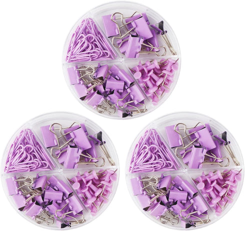 Purple Paper Clips and Binder Clips Set, 216 pcs, Cute Metal Assorted Sized Binders with Push Pins