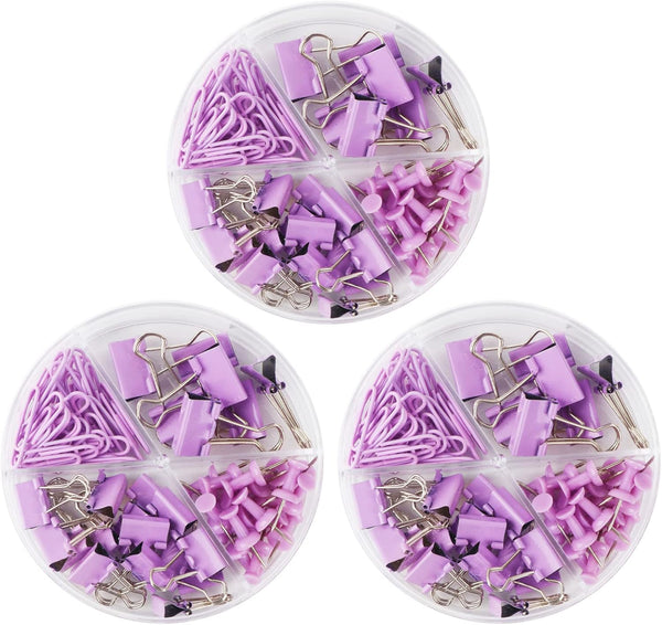Purple Paper Clips and Binder Clips Set, 216 pcs, Cute Metal Assorted Sized Binders with Push Pins