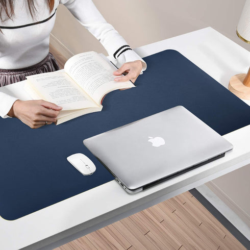Dual Sided Leather Desk Pad (35.4 x 17"), Waterproof Office Mat, PU Mouse Pad, Desk Protector Cover (Blue/Yellow)
