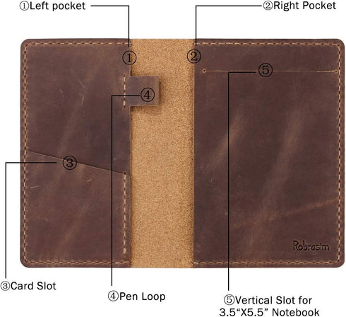 Leather Journal Cover - Compatible with 3.5" x 5.5" Pocket Size Notebook, Brown with Pen Loop