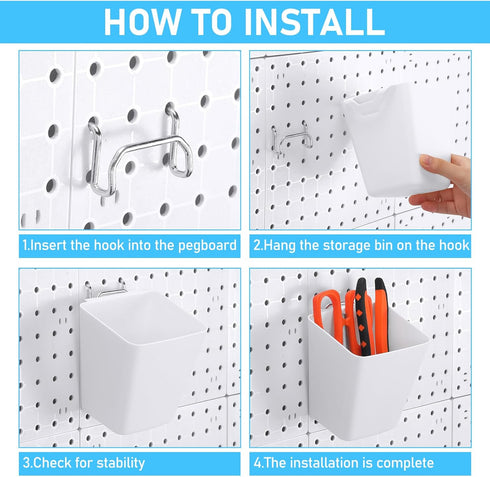 Uiifan 18 Set Pegboard Cups Kit, Plastic Bins with Hooks and Label Stickers for DIY Tools, Craft, Office Storage (White)