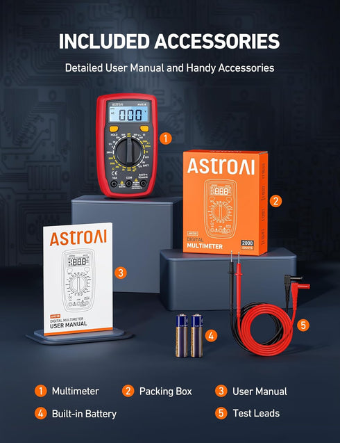 AstroAI Digital Multimeter Tester 2000 Counts with DC AC Voltmeter and Ohm Volt Amp Meter for Voltage, Current,