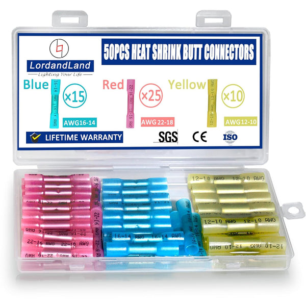 50 Pcs Heat Shrink Butt Connectors Kit, Waterproof Insulated Marine Automotive Crimp Terminals for Electrical Wiring