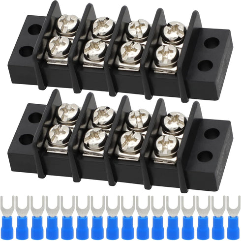 Terminal Block 2 Pack - 4 Circuits 20-30A 200v-450v Dual Row Screw Terminals + 16 PCS Heat Shrink Connectors