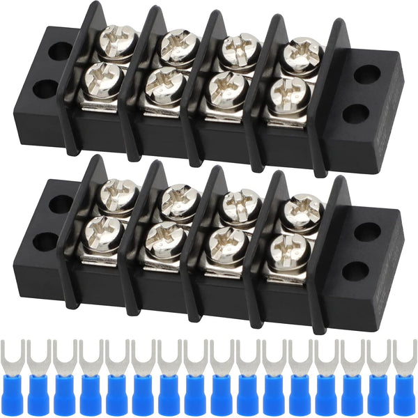 Terminal Block 2 Pack - 4 Circuits 20-30A 200v-450v Dual Row Screw Terminals + 16 PCS Heat Shrink Connectors