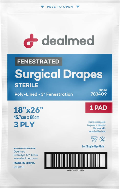 50 Count 3-Ply 3" 18" 26" Dealmed Fenestrated Sheets Poly-Lined Drape Sheets with Fenestration, White Material, Perfect
