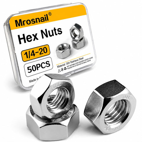 Mrosnail 50Pcs 1/4-20 Hex Nuts, 304 Stainless Steel Hardware Nuts, Full Thread Hex