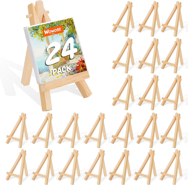 WOWOSS 24 Pack 5" Mini Wood Display Easel, Natural Wooden Tripod Holder for Small Canvases, Business Cards, Photos