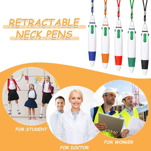 Retractable Pen with Lanyard, Neck Pens in a Rope, 4 Color Ink Ballpoint Pen with Chain for Nurses, Students, Office