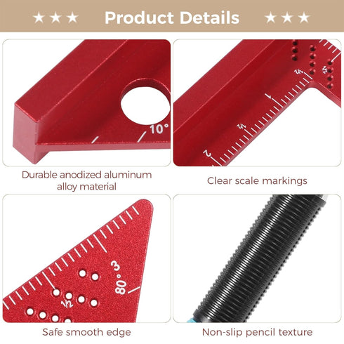Small Carpenter Square Woodworking Tool, Fixed Angle Pin and 0.9mm Mechanical Pencil for Precision