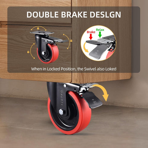 Heavy Duty TPR Rubber Wheels, 5 Inch Locking Caster Wheels Set of 4, 3000Lbs Load Capacity for Industrial Carts