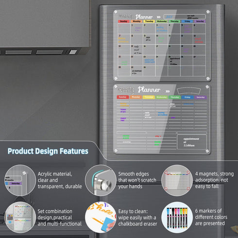 Hivillexun 3-Pack Acrylic Magnetic Dry Erase Calendar Whiteboard Set, Includes Markers, Eraser, and Cloth