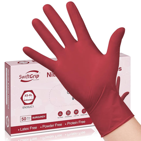 SwiftGrip Disposable Nitrile Exam Gloves, Small, Box of 50, Burgundy, Latex-Free, Powder-Free,