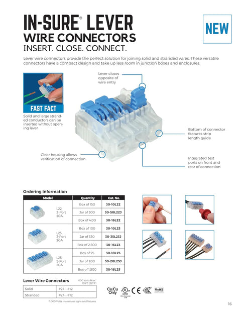 Ideal Electrical in-Sure Lever Wire Connector, 2-Port, 10/Bag