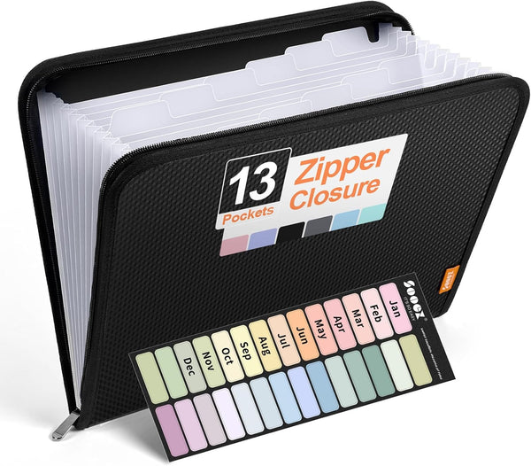 Sooez Accordion File Organizer: 13 Pocket Expanding File Folder with Safe Zipper, Portable A4 Letter Size Document