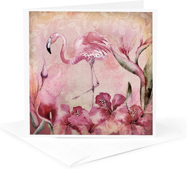 Greeting Card - Flamingo Bird and Flower Illustration in Pink Colors -