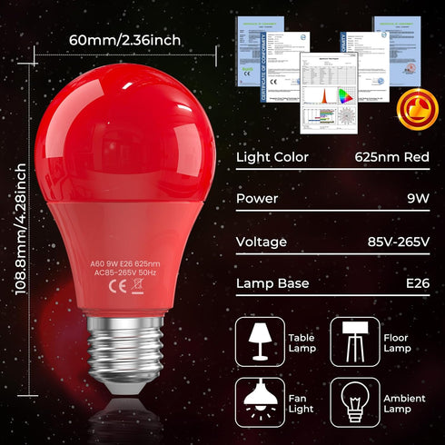 BrightArk 625nm Bulb 100% E26 9W Bulb Red Light for Sleep, Blue Light Blocking, Promotes Melatonin Production, LED Red
