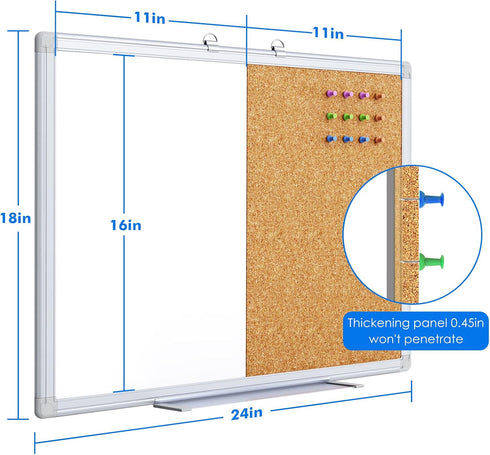 Magnetic White Board and Cork Board Combo, 24 x 18 Inches, Wall Mounted Dry Erase Bulletin Board for Home, School,