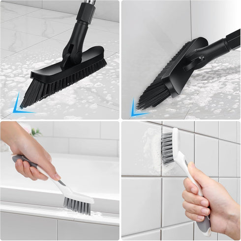 Qaestfy Grout Brush with Long Handle for Cleaning, Stiff Bristles Handheld Tile Scrub Brush, V-Shape Crevice Cleaning