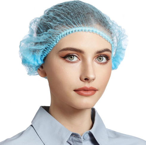 LEOBRO 50PCS Hair Nets for Food Service Workers - Disposable Non-woven Bouffant Caps for Kitchen, Blue, 21 Inch