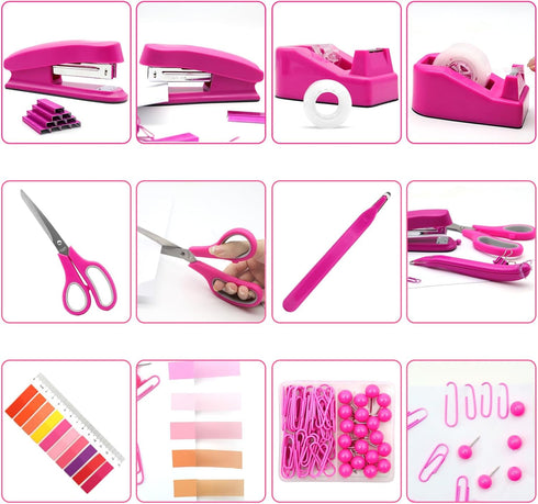 Hot Pink Desk Accessory Kit, Hot Pink Office Supplies, Hot Pink Stapler and Tape Dispenser Set, Gift for Students,