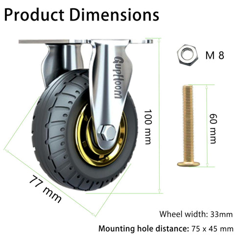 Heavy Duty Fixed Industrial Plate Rubber Casters, 3-Inch No Noise Wheels Set of 2 for Cart Furniture