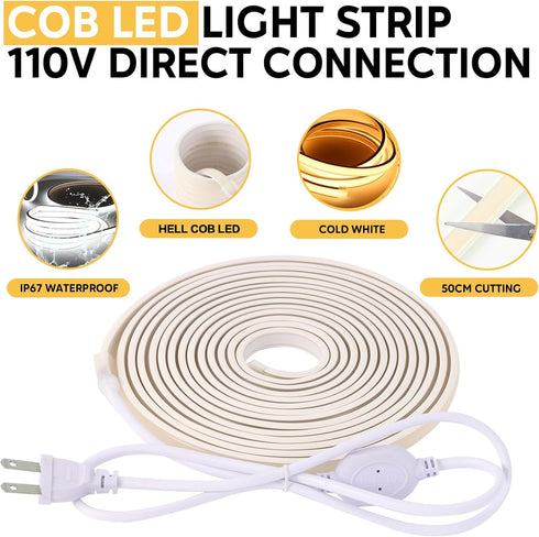 pcningled 110V IP67 3000K 2 6.56ft) COB LED Strip Outdoor LED Strip Lights Waterproof Warm White, Meters Flexible Strip