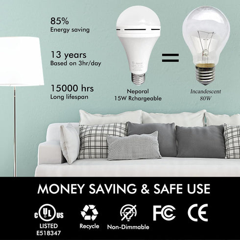 Rechargeable Light Bulbs, 15W 80W Equivalent, 6000K Battery Operated for Power Outage, Pack of 4