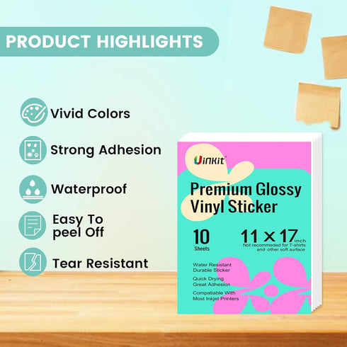 Uinkit Premium Vinyl Sticker Paper, 11x17 inch Glossy White, 10 Sheets, Waterproof Vivid Colors