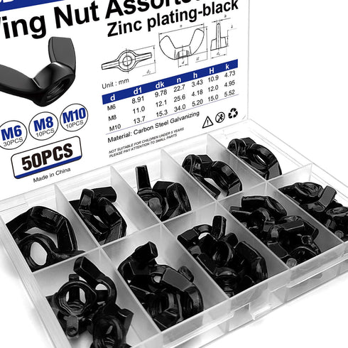 Usdrwam 50PCS 3 Size M6 M8 M10 Metric Wing Nuts Assorted kit, Zinc