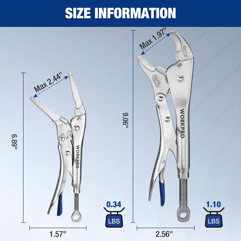 2-Piece Set, 6.5 Inch 10 Inch WORKPRO Locking Pliers Long Nose & Curved Jaw, CR-MO Steel Construction with Adjustable
