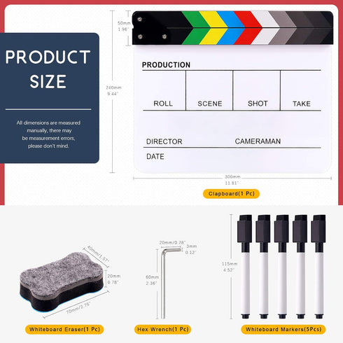 Hilitchi Film Movie Cut Action Board Acrylic Plastic Slate 25x30cm/10x12" Dry Erase Director's Film Clapboard with Color Sticks and with 5 Whiteboard Markers, 1 Eraser and 1 Wrench by Hilitchi