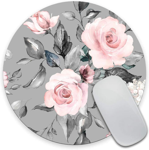 Round Mousepad - Spring Flowers and Leaves, Gray and Pink Roses Floral Mouse Mat for Office
