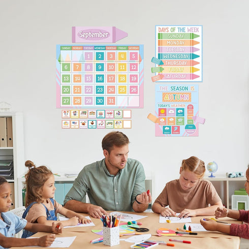 Set Pastel Crayon Calendar Bulletin Board Pastel Crayon Classroom Cutouts Decoration with Seasons Festival Weather Days