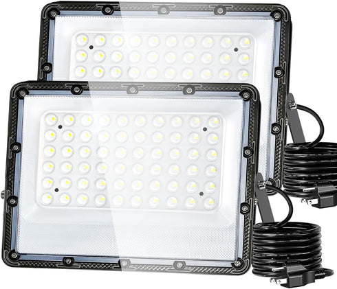 100W Flood Lights Outdoor, 15000lm Bright LED Work Light with Plug, 5000K