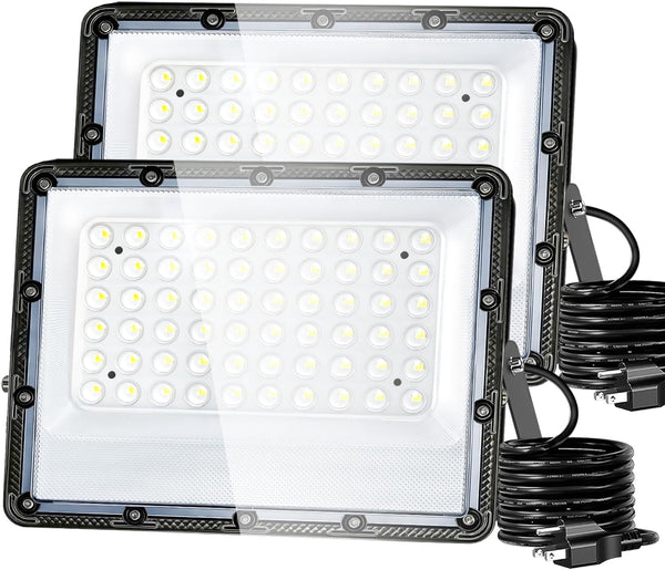 100W Flood Lights Outdoor, 15000lm Bright LED Work Light with Plug, 5000K