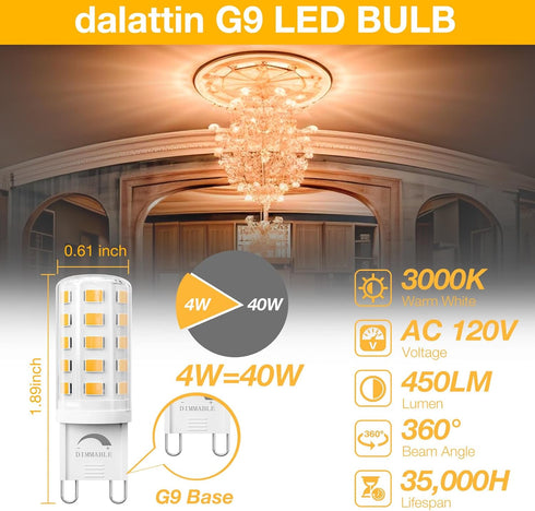 6 Pack Dimmable G9 Bulb 4W 40 3000K T4 G9 G9 Bulb 450LM, 120V dalattin LED Equivalent Watt, Warm White, Bi-pin Base