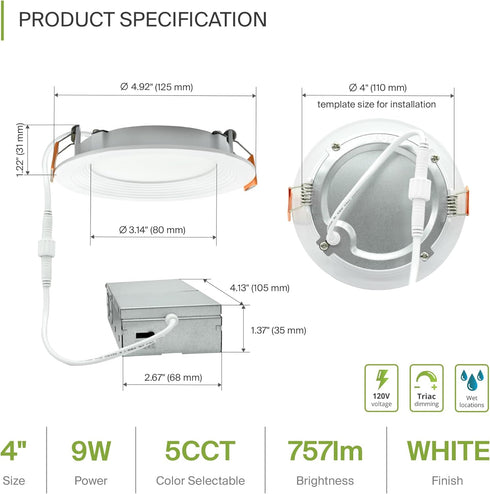 1 Pack 4 Inch 9W 757LM, 5CCT 2700K-5000K CRI90+, Dimmable T24, ASD Baffle Trim Recessed Light, LED Wafer Lights