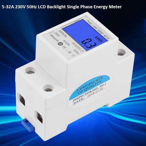 Electric Energy Meter, 5-32A 110-230V AC Multi Function Watt Hour Meter with LCD Display, DIN Rail Mount