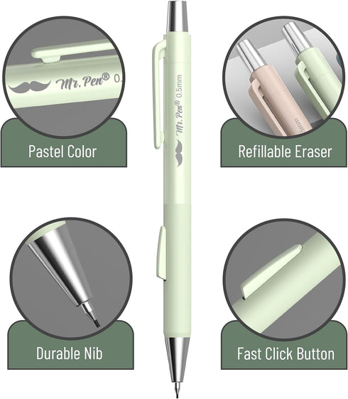 Mr. Pen Pastel Mechanical Pencil Set, 4 Pack, 0.5 & 0.7mm, Fast Click Aesthetic Mechanical Pencils, Cute Lead Pencils